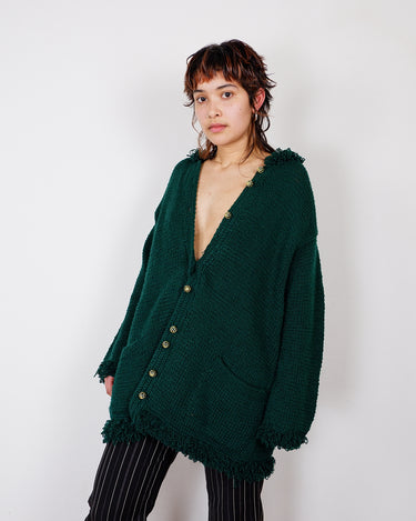 Handmade forest green long cardigan with loop trim details | S-L