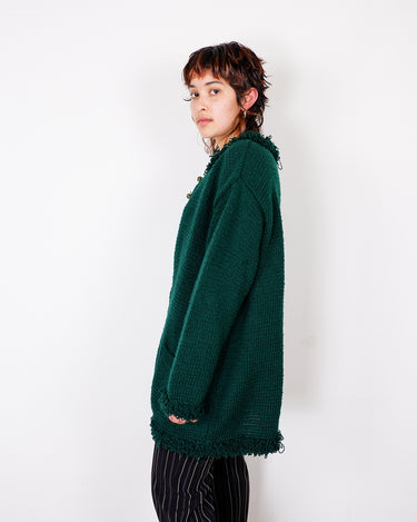 Handmade forest green long cardigan with loop trim details | S-L