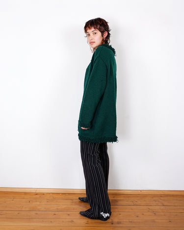 Handmade forest green long cardigan with loop trim details | S-L