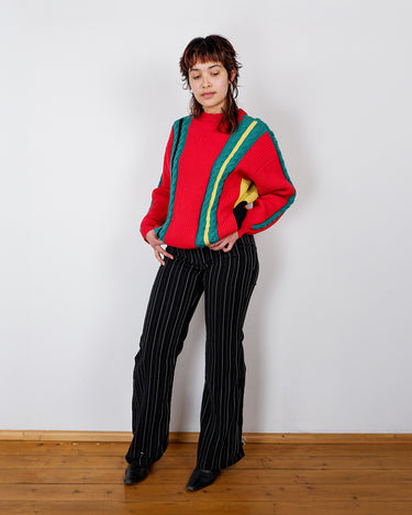 Vintage 80s thick wool cable knit sweater with color stripes | XS-L