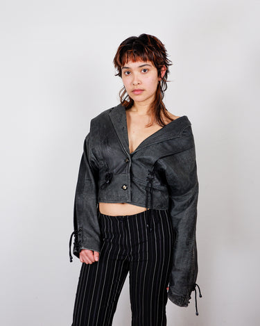 Vintage 80s dark gray / black crop leather jacket with lacing | S-M