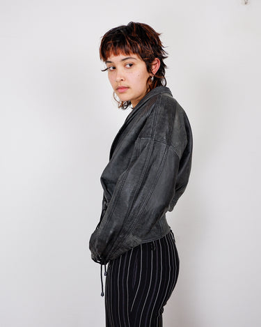 Vintage 80s dark gray / black crop leather jacket with lacing | S-M