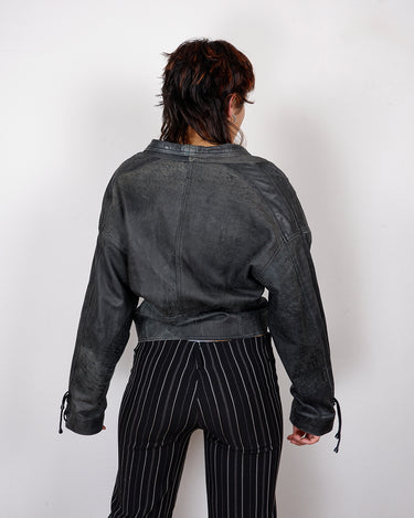 Vintage 80s dark gray / black crop leather jacket with lacing | S-M