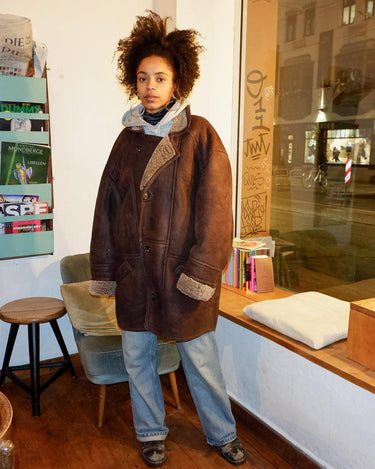 Vintage 80s chocolate brown unisex shearling coat | XL - XXL