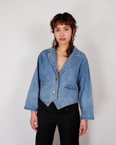 Vintage 80s mid blue denim blazer with metal studs | S-M