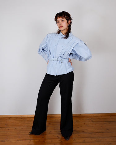 Vintage 80s baby blue belted blouse with shoulder pads | M-L