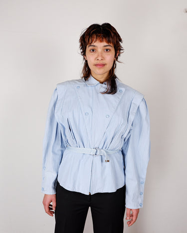 Vintage 80s baby blue belted blouse with shoulder pads | M-L
