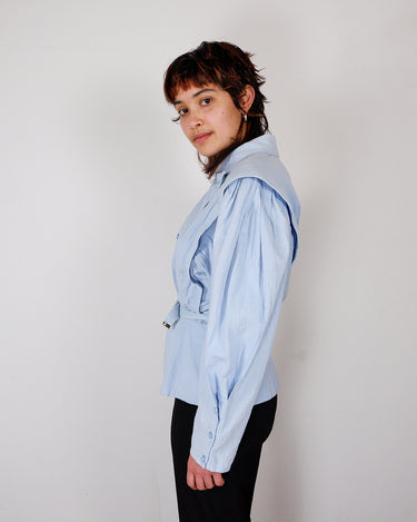 Vintage 80s baby blue belted blouse with shoulder pads | M-L