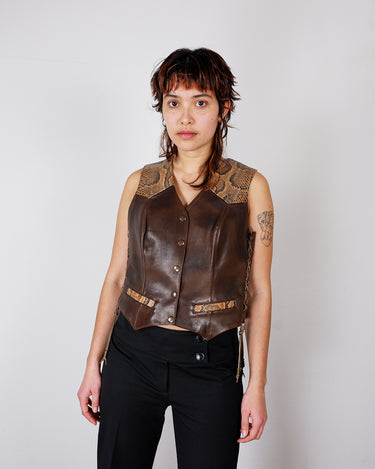Vintage 80s brown leather vest with snakeskin pattern | M