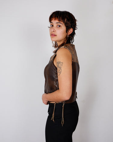 Vintage 80s brown leather vest with snakeskin pattern | M