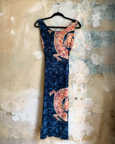 Vintage 80s navy blue boho-style tie-up maxi dress with pink geometric pattern | M–L