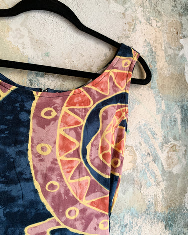 Vintage 80s navy blue boho-style tie-up maxi dress with pink geometric pattern | M–L