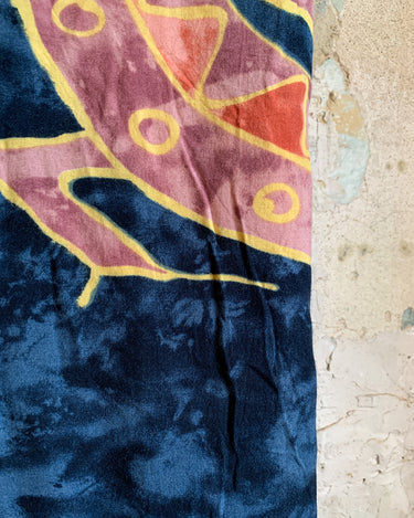 Vintage 80s navy blue boho-style tie-up maxi dress with pink geometric pattern | M–L