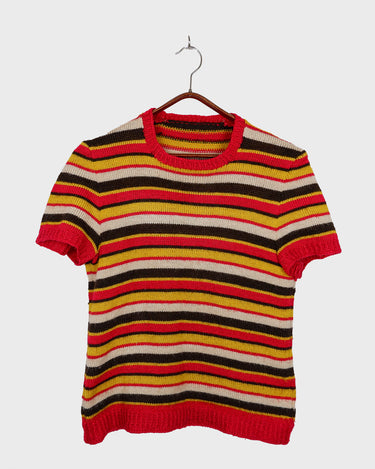 Vintage 70s hand-knitted striped T-shirt in yellow, brown, cream and red | S-M
