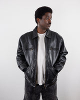  a man is wearing a Vintage 80s 90s 1957 LEGENDARY JACKET FIRENZE black leather jacket (heavy) by vinti vintage