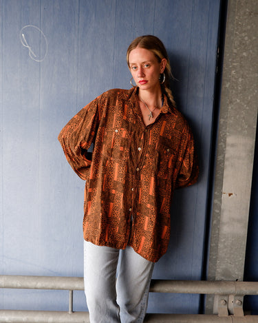 Vintage 90s Clark orange brown pattern long sleeve shirt | L-XL