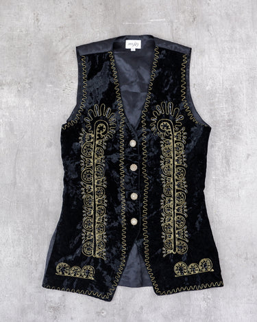 Vintage 90s black velvet long vest with golden embroidery | S-M