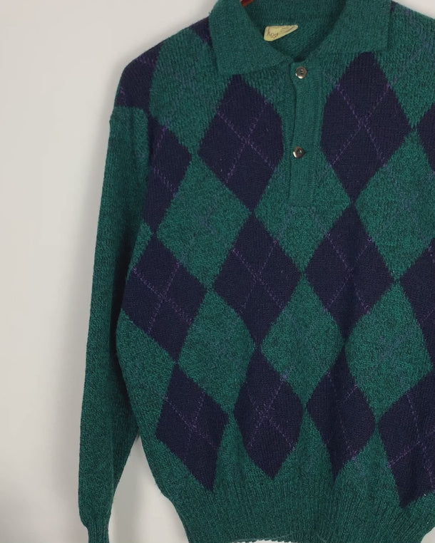 Stay cozy and classy in this vintage 90s green argyle sweater. Perfect for sizes M-L, this sweater features a classic argyle pattern and a pop of playful green