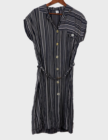 a woman is wearing a 90s vintage striped belted midi dress.
