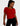 a woman is wearing a red handknitted shirt.