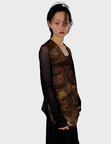 an asian woman is wearing a 90s vintage brown vest with historical pattern.